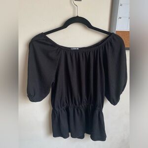 Nine West Black Puff Sleeve Peplum Textured Blouse Size Small